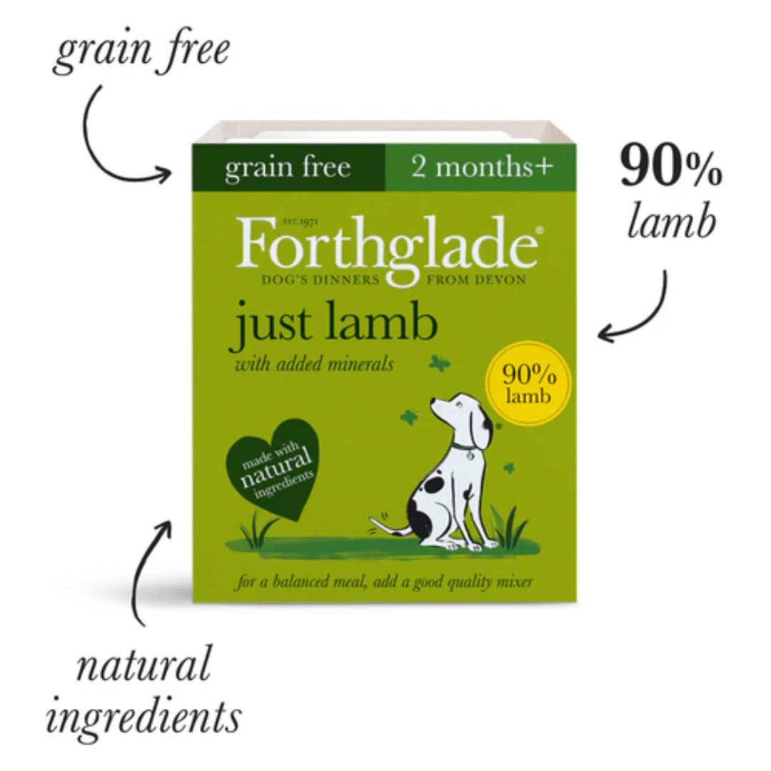 Tray of Forthglade Just Lamb with text "Grain Free, 90% Lamb, Natural Ingredients."