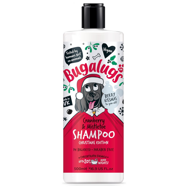 A bottle of Bugalugs Cranberry and Mistletoe Shampoo for Dogs.