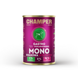 Single protein beef can of Champer Gastrow wet dog food.