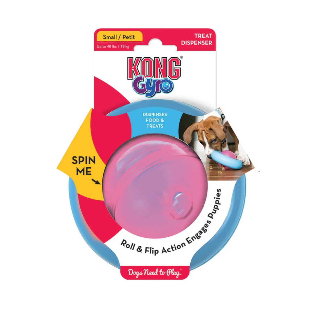 Kong Gyro for Puppies inside cardboard packaging.