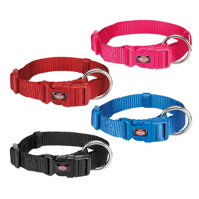 Four Trixie Premium Dog Collars in the colours black, red, royal blue and fuchsia pink.