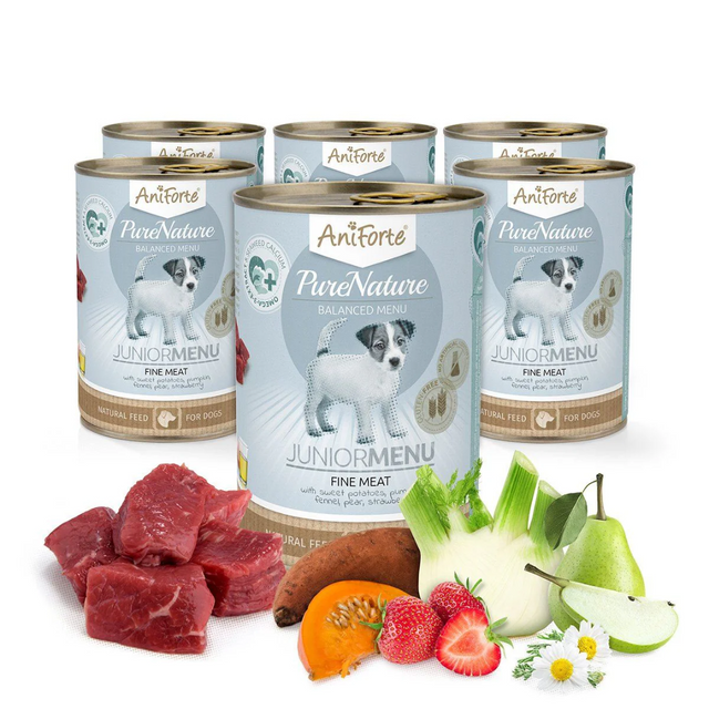 Six tins of AniForte PureNature Junior Beef wet food..