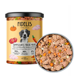 Jar and dish of Fidelis Chicken Menu wet dog food.