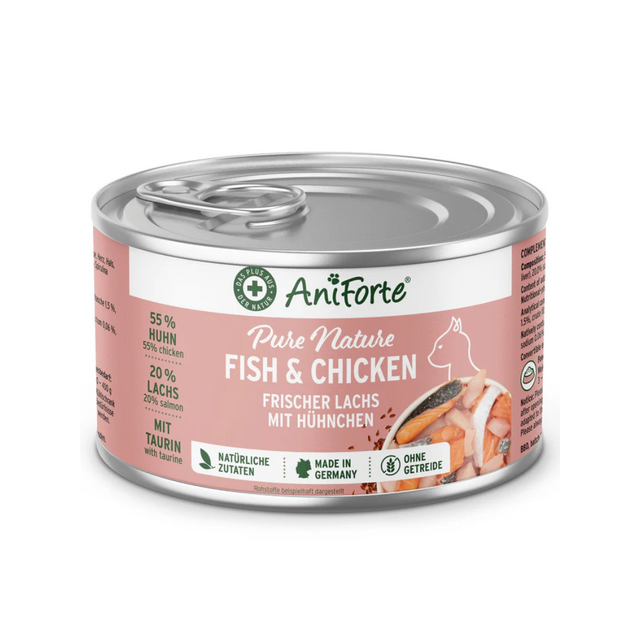 Tin of AniForte Pure Nature Fish and Chicken wet cat food.