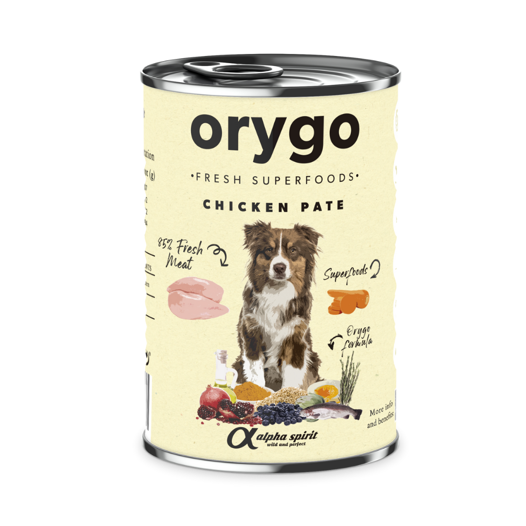 400g can of Orygo Chicken and Superfood wet food pate for dogs.