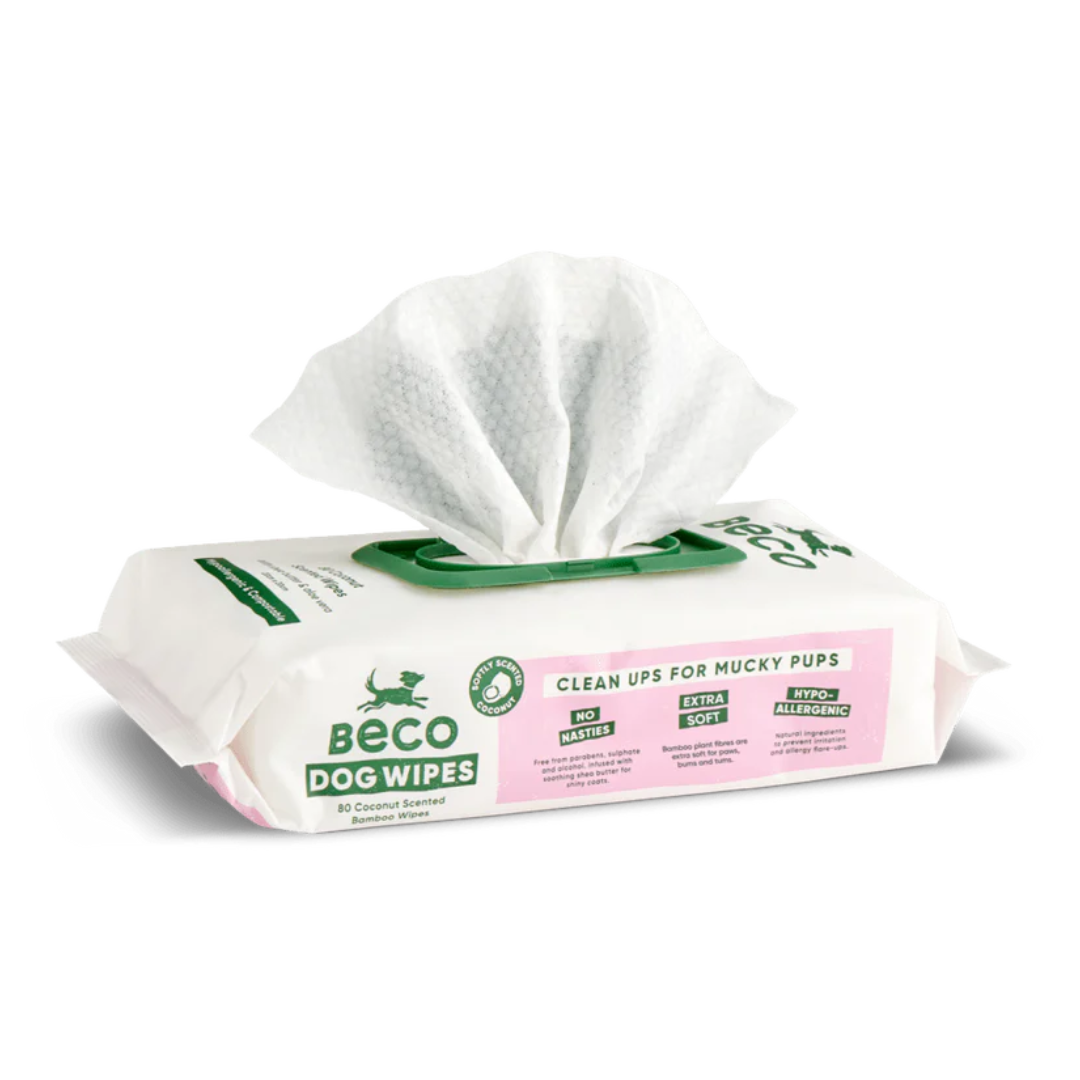 Packet of Beco Coconut Scented Bamboo wipes for pets.