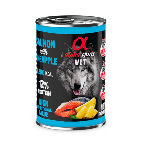 Can of Alpha Spirit Salmon with Pineapple single protein wet food for dogs.