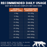 Feeding guidelines for Alpha Spirit Beef and Melon single protein wet dog food.