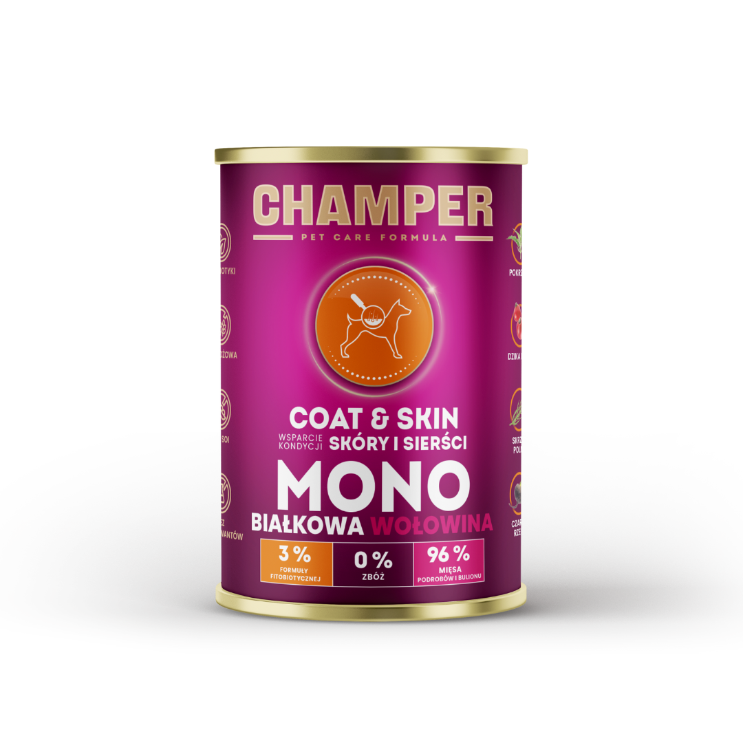 Champer Skin and Coat Beef wet dog food.