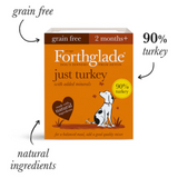 Forthglade Just Turkey Wet Food with text saying "Grain Free, 90% Turkey, Natural Ingredients".