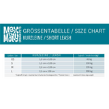 Size chart for Max and Molly leashes.