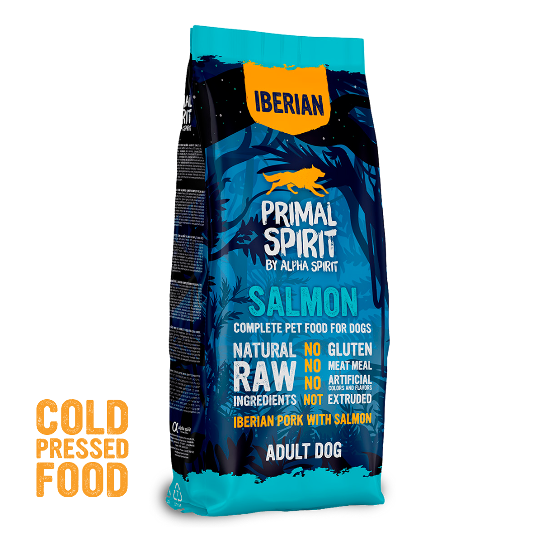 Primal Spirit Iberian Salmon Cold Pressed dog food, 12kg bag.