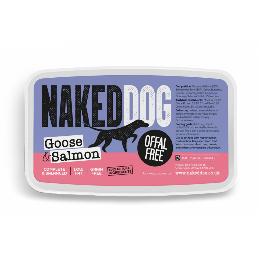 Container of Naked Dog goose and salmon offal free raw dog food.