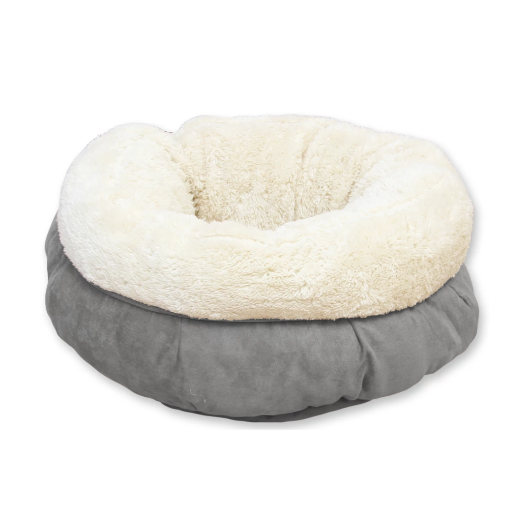 A grey AFP Lambswool Donut bed for pets.