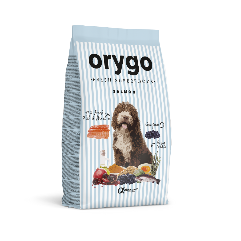 An  8kg bag of Orygo Salmon and Superfoods Cold Pressed Dog Food.