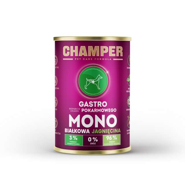 Can of Champer Gastro wet food, single protein lamb for dogs.