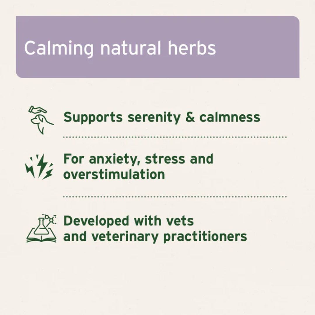 A list of key points of using AniForte Calm and Relax powder for dogs including: Supports serenity and calmness, for anxiety, stress and overstimulation.