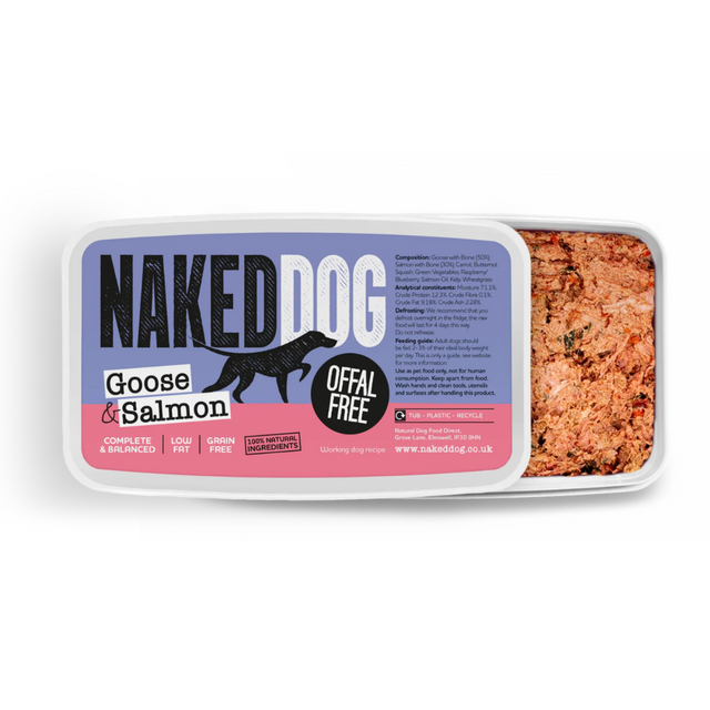 Open tub of Naked Dog Offal Free Goose and Salmon raw dog food.