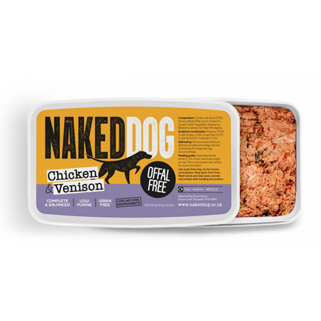 Open Tub of Naked Dog Chicken and Venison Offal Free Raw Dog Food.