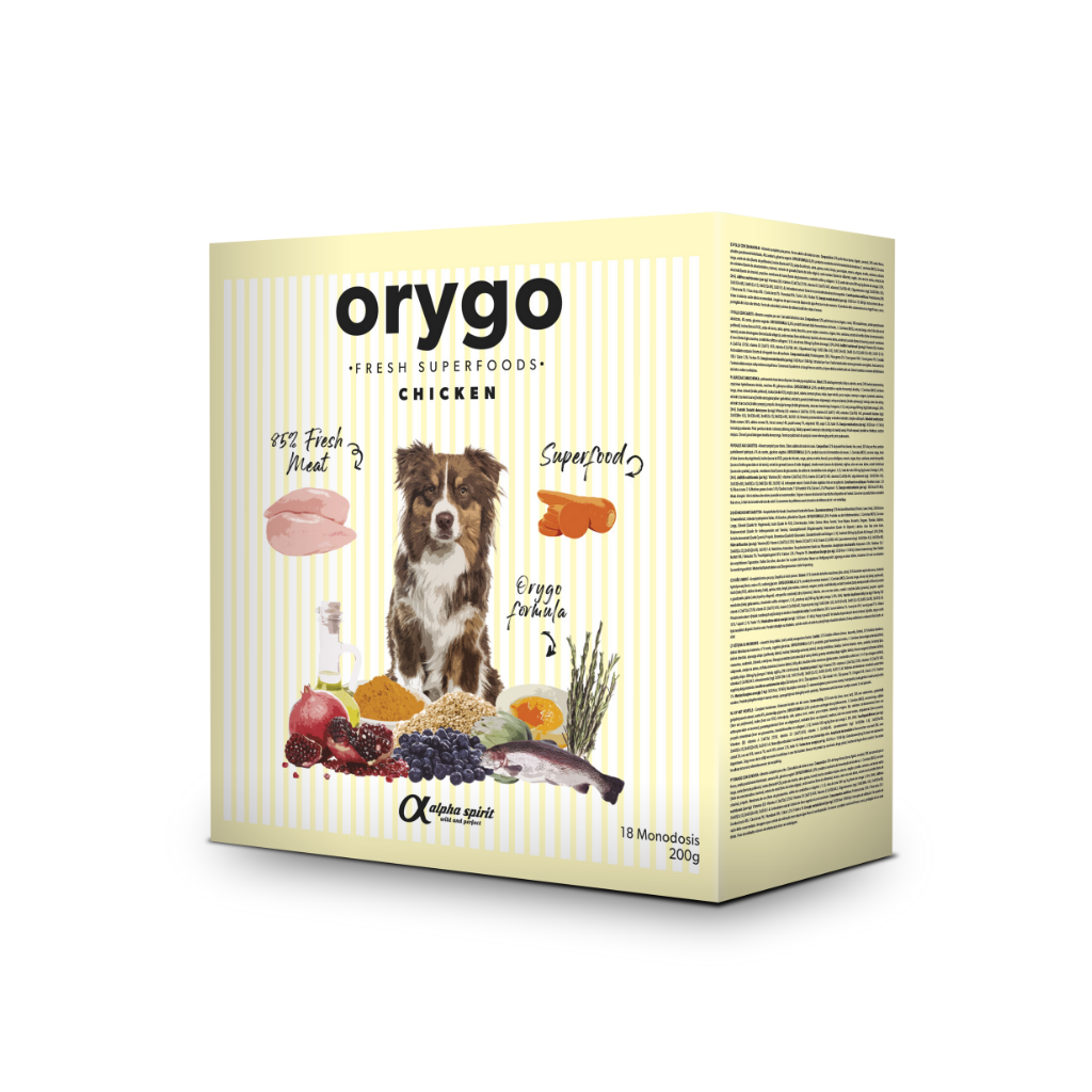 A box of Orygo Cold Pressed Superfood dog food with Chicken and Carrot.