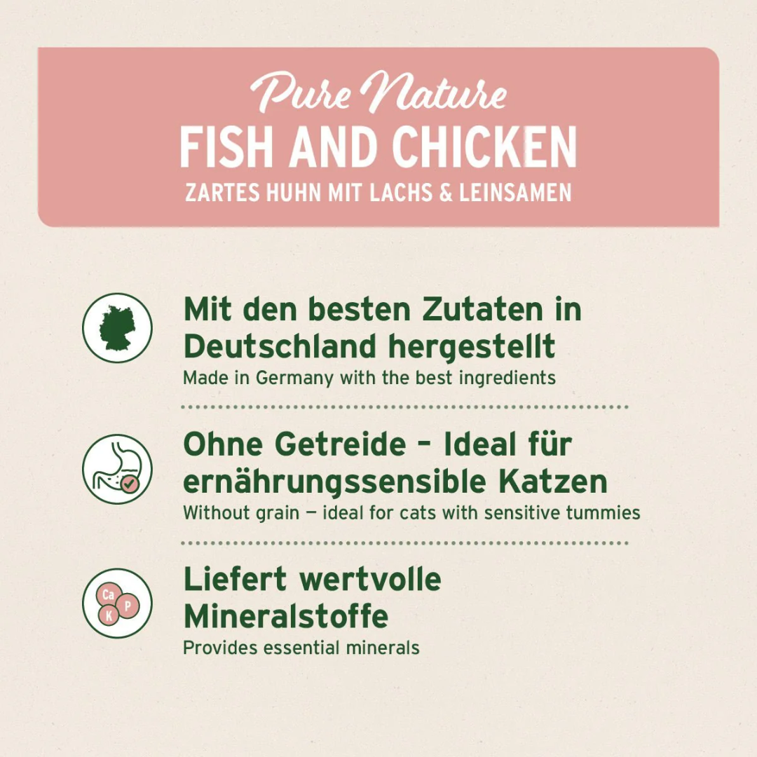 Benefits of PureNature cat food, including Made in Germany, without grain and provides essential minerals.