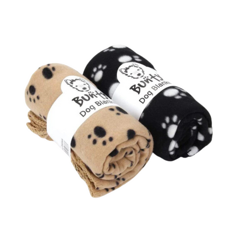 Cream and black fleece pet blankets in their card wraps.