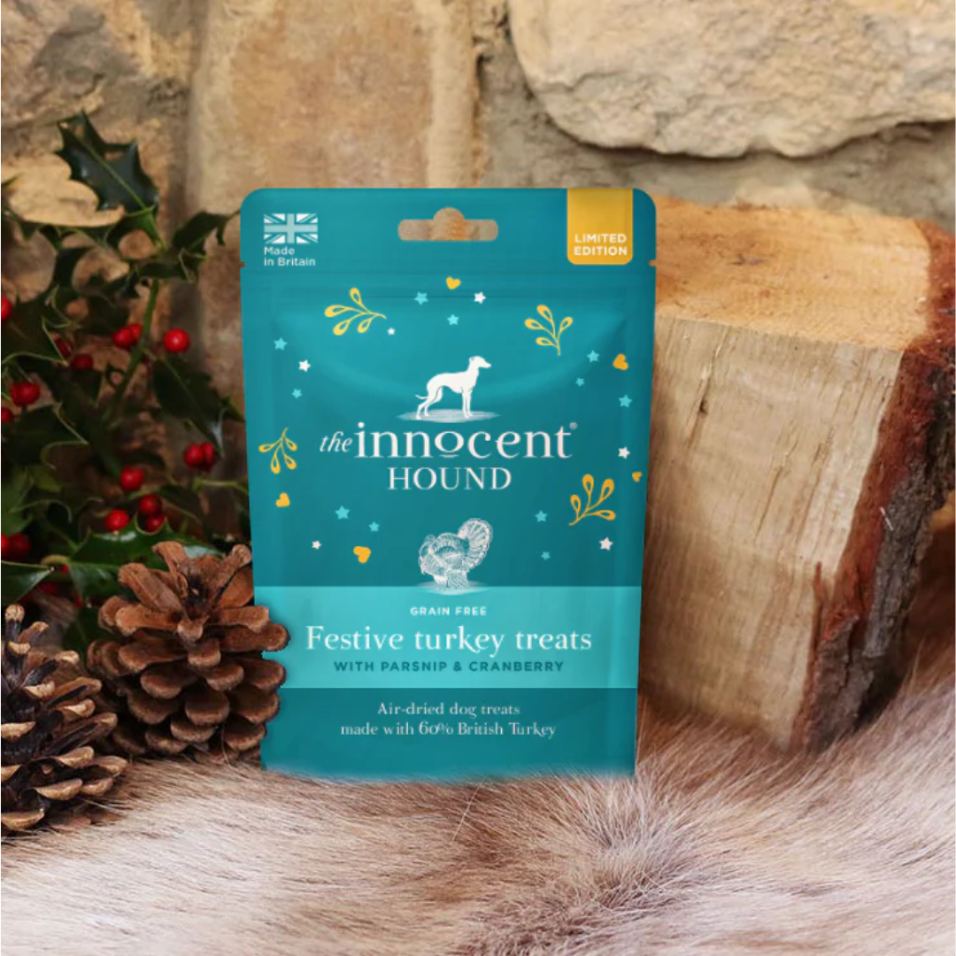 Innocent Hound Festive Turkey Treats with a festive background