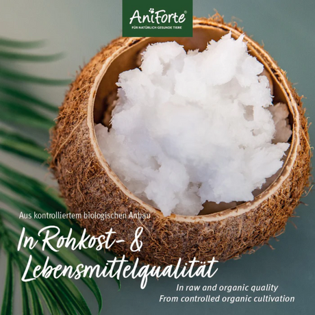 Coconut husk holding coconut oil, along side text saying "In raw and organic quality. From controlled organic cultivation."