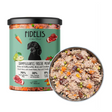 Jar and dish of Fidelis Duck Menu wet dog food.