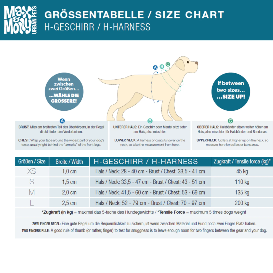 Max and Molly Harness size guide.