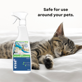 Cat laying asleep, with a spray bottle of Provilan Probiotic Green Interior Cleaner in the foreground and text saying "Safe for use around your pets".