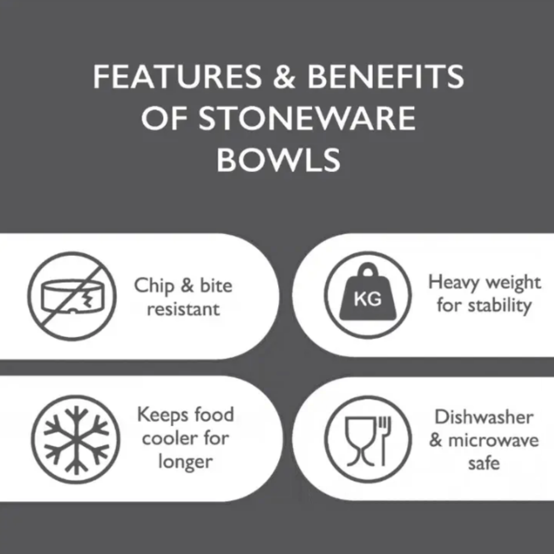 The features and benefits of stoneware bowls: Chip and bite resistant, heavy weight for stability, keeps food cooler for longer, dishwasher safe.