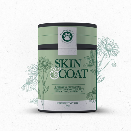 Natural Vet Co Skin and Coat Biscuit Tub with flowers drawn in the background.