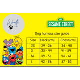 Size guide for a Sesame Street x Woodle dog harness.