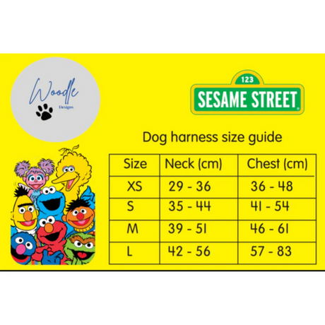 Sesame street x woodle harness size guide.