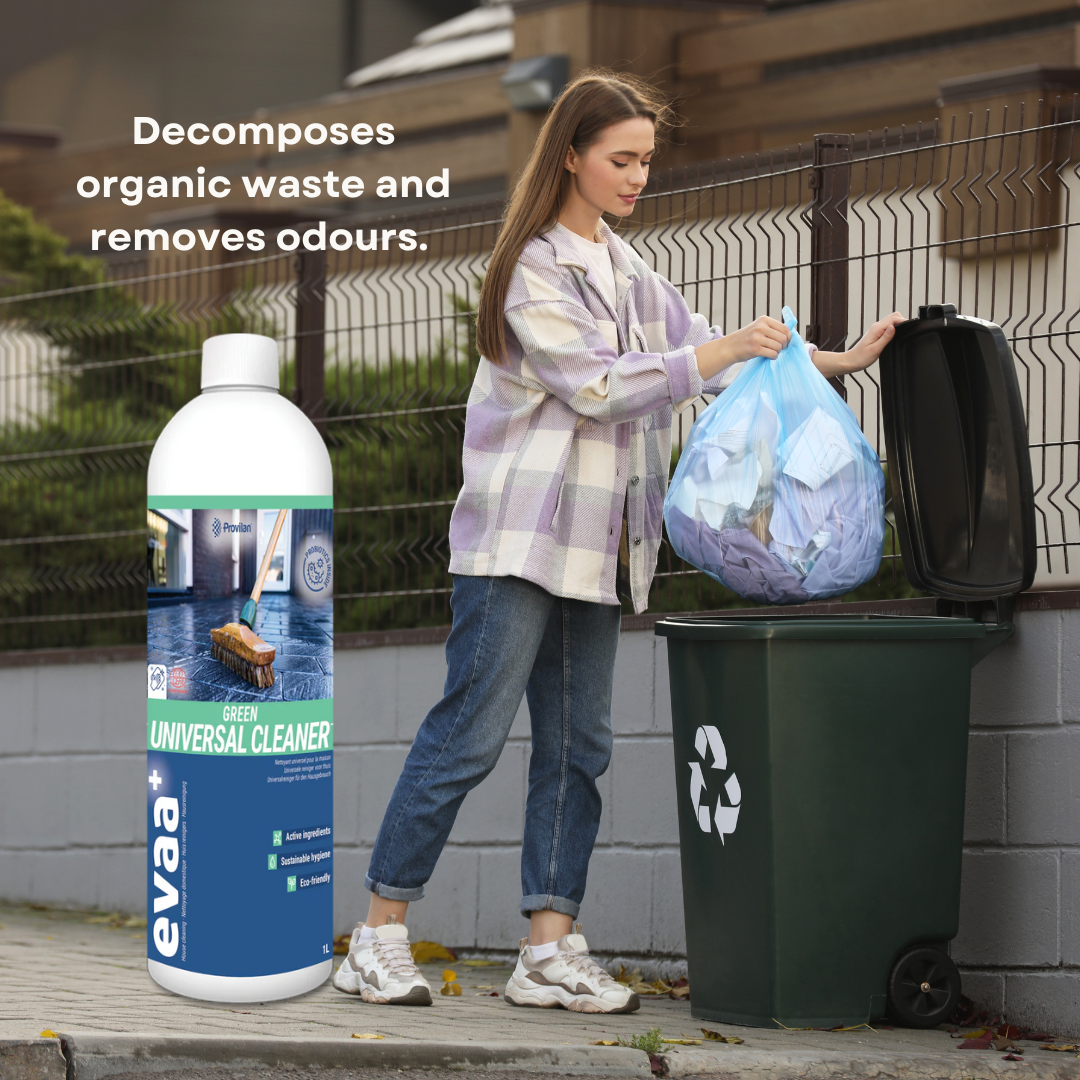 Person putting rubbish into a wheelie bin along side a bottle of Provilan Probiotic Universal Cleaner and text saying "Decomposes organic waste and remove odours".