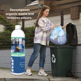 Person putting rubbish into a wheelie bin along side a bottle of Provilan Probiotic Universal Cleaner and text saying "Decomposes organic waste and remove odours".