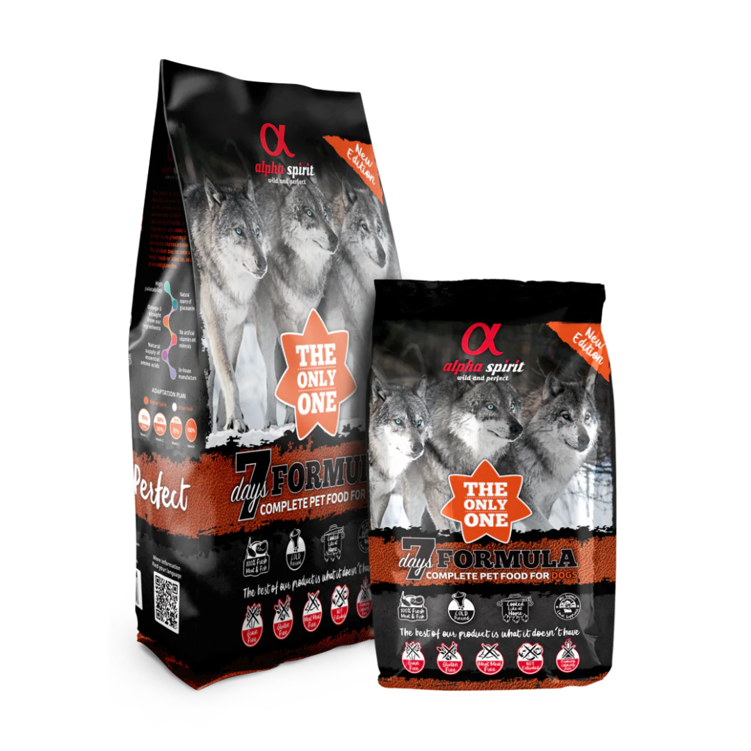 12 and 3kg bags of Alpha Spirit The Only ONe 7 Day Formula Cold Pressed Dog Food.