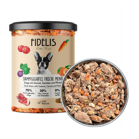 Jar and dish of Fidelis Goat Menu wet dog food.