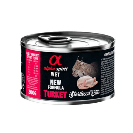 200g can of Alpha Spirit Turkey wet food for sterilised cats.