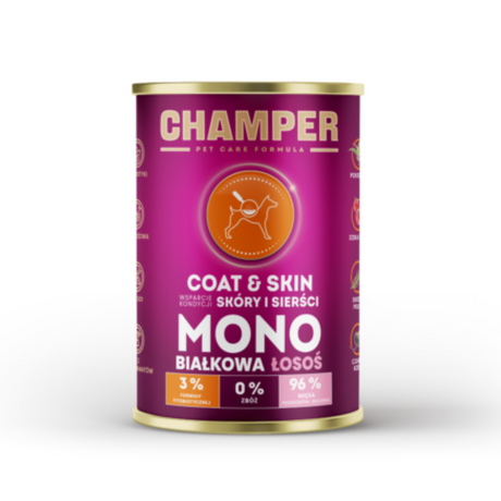 Champer 96% Salmon Skin and Coat wet dog food.