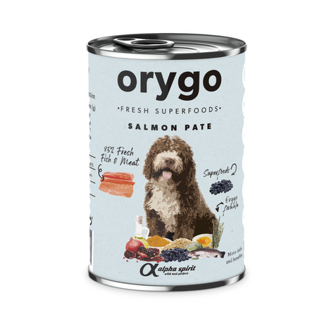 400g can of Orygo Salmon and Superfoods Wet Food Pate for Dogs.