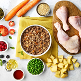 Naturo Chicken, rice and vegetable dog food in a white dish, surrounded by raw ingredients included in the food.