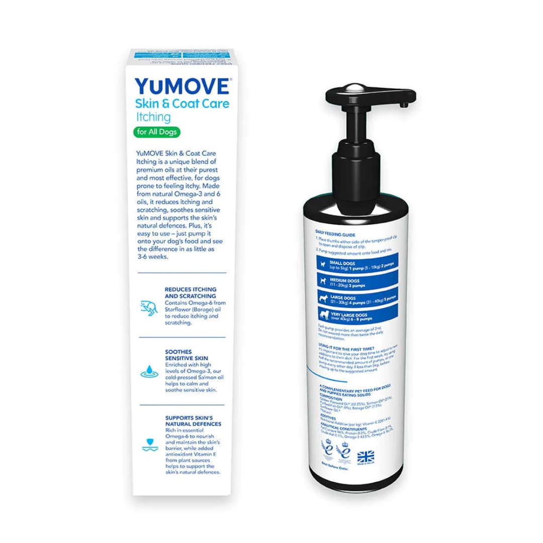 Back of the bottle and cardboard box of YuMove Yuderm skin and coat itching.