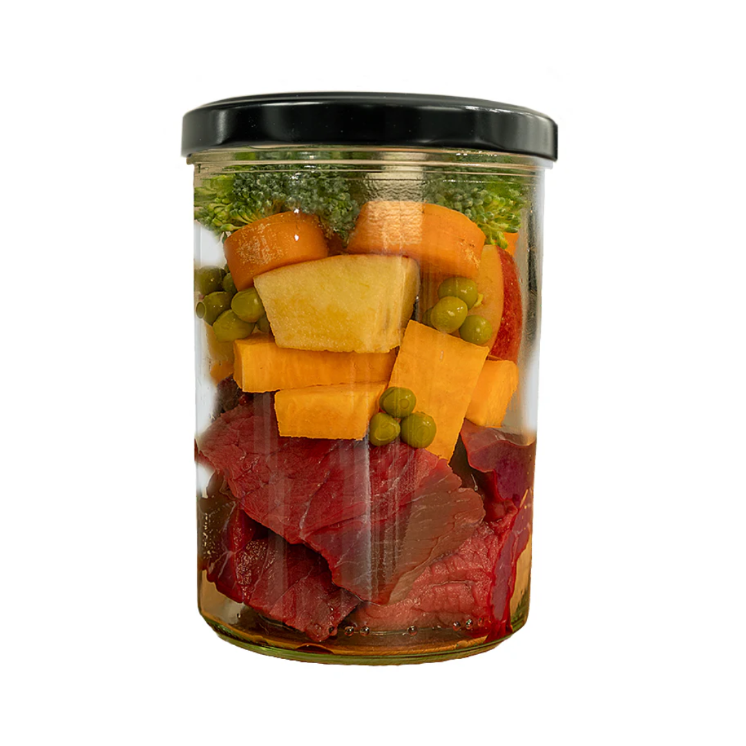 Jar of raw ingredients of Fidelis Beef Menu wet dog food.