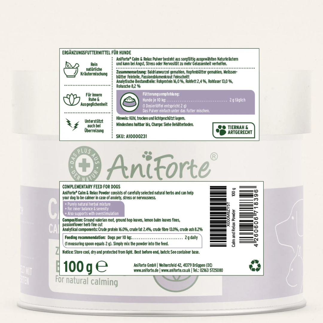 Label information for Aniforte Calm and Relax powder for dogs.