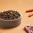 A bowl of DARF Lamb Cold Pressed Dog Food, beside raw lamb and raw carrots.