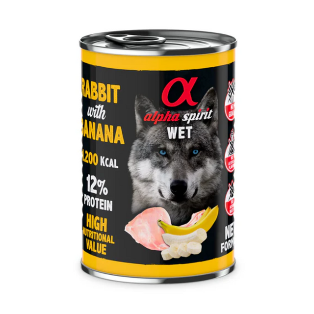 Can of Alpha Spirit Rabbit with banana complete wet dog food.