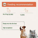 Feeding recommendation for AniForte Rose Hip powder for pets. Dogs: Per 10kg: 2g daily. Cats: 1g per day. 