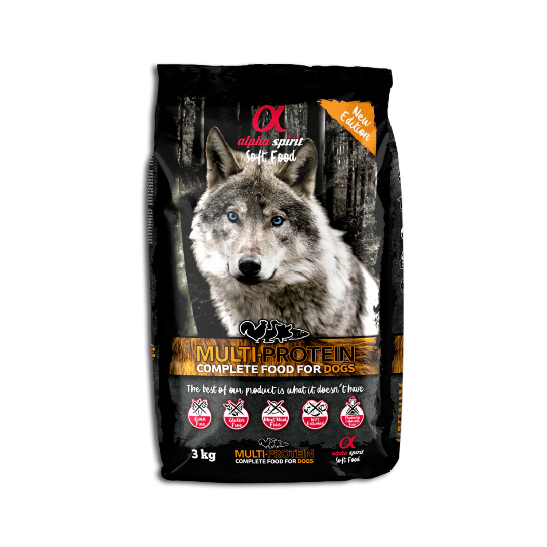 3kg bag of Alpha Spirit Multi Protein Semi Moist Food for Dogs.